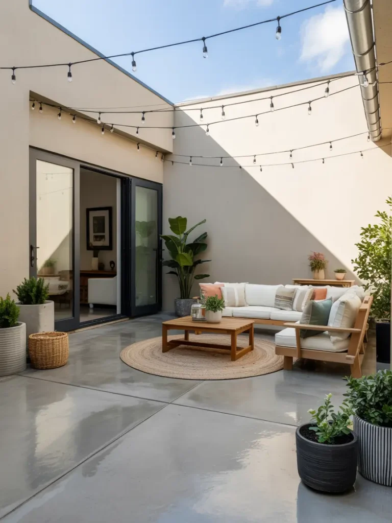 Modern concrete patio with outdoor seating, potted plants, and string lights.