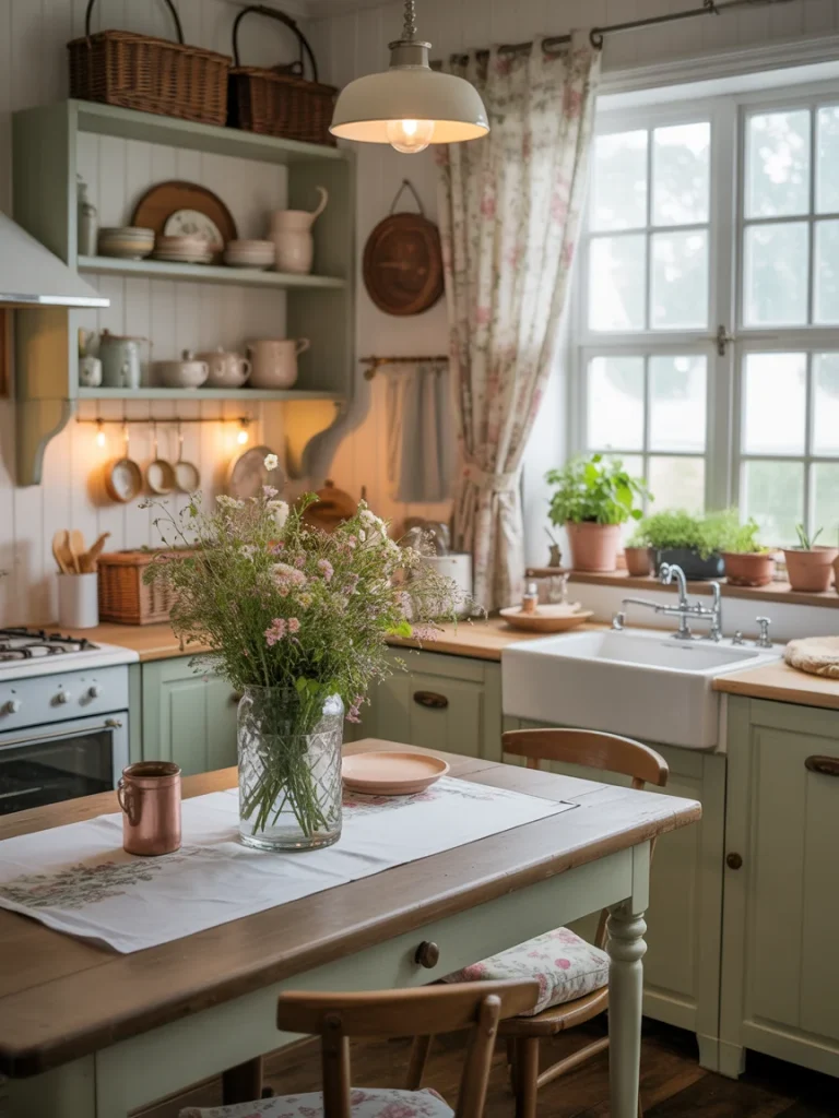 Charming cottagecore kitchen with farmhouse sink, floral curtains, and rustic wooden table.