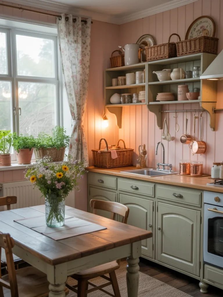 Cozy cottagecore kitchen with vintage cabinets, wooden table, and floral curtains.