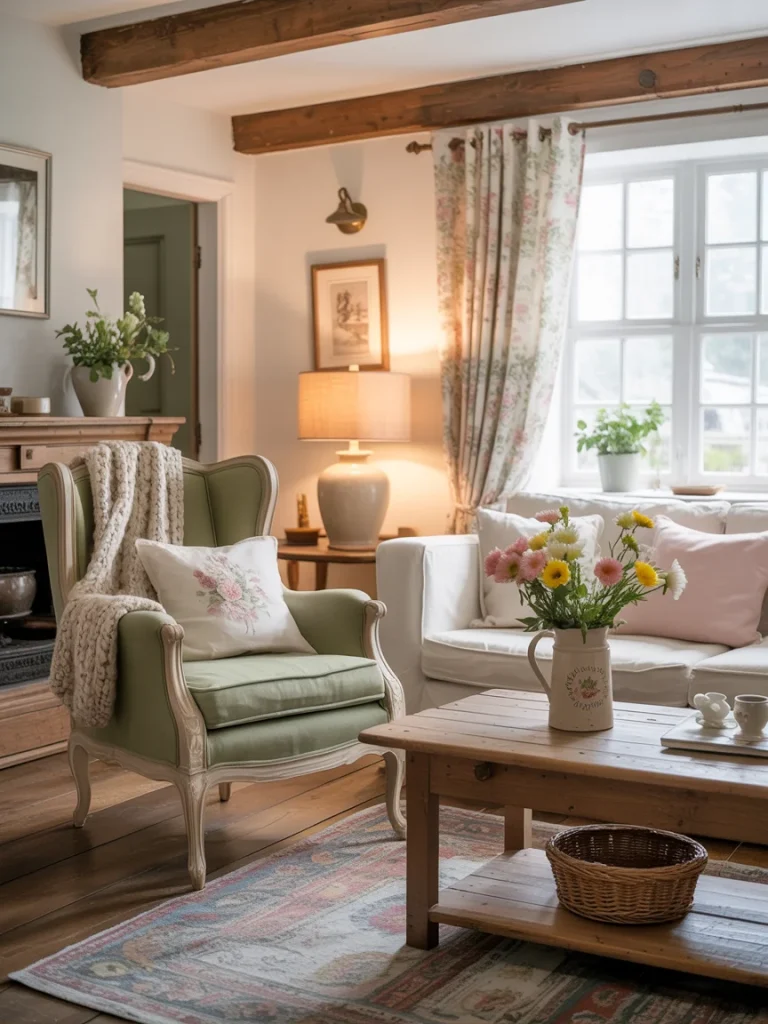 Cozy country cottage living room with floral accents, rustic wood beams, and vintage-inspired furniture.