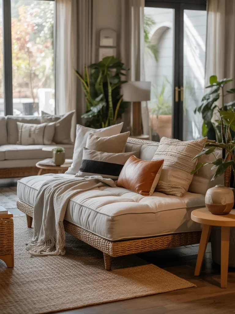 Rattan daybed with layered cushions and a throw blanket in a cozy, plant-filled living room.