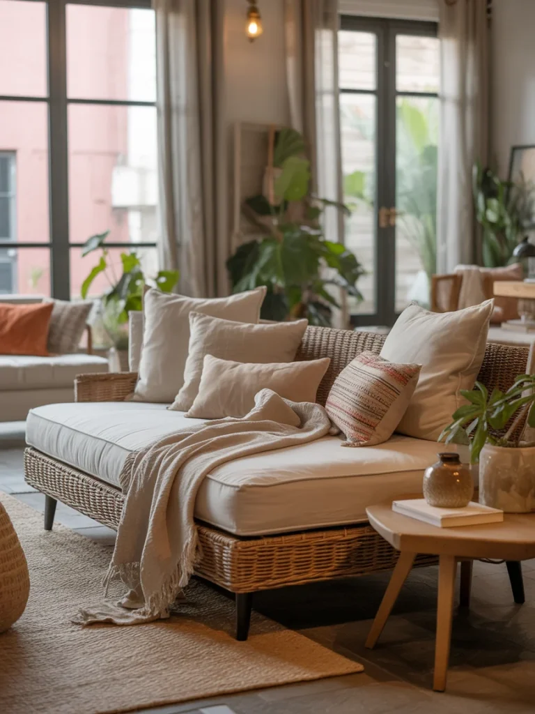 Cozy rattan daybed with neutral cushions, throw blanket, and accent pillows in a sunlit living room.