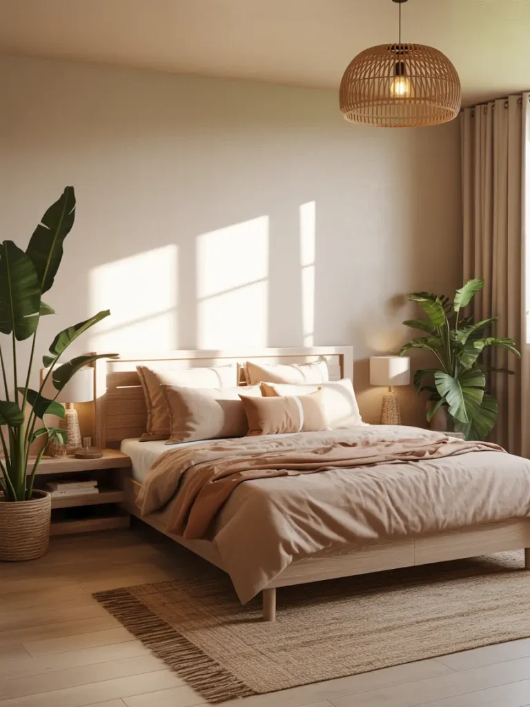 Earthy bedroom design with neutral tones, wooden bed frame, woven rug, indoor plants, and soft natural lighting.