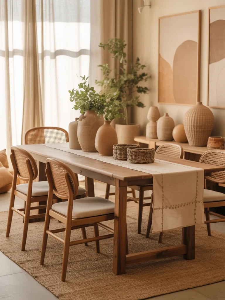 Earthy dining room with wooden table, woven chairs, neutral decor, and natural pottery accents.