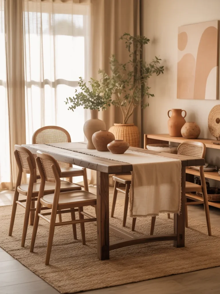 Earthy dining room with wooden table, woven chairs, pottery decor, and natural accents.