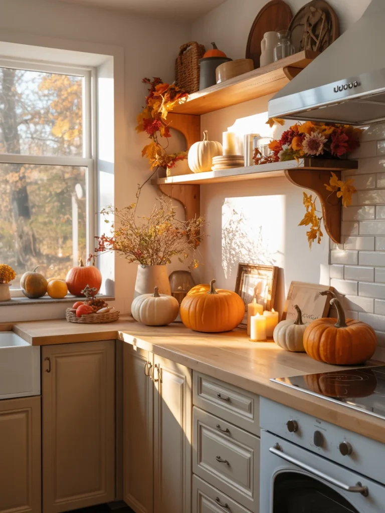 Warm fall kitchen decor with pumpkins, candles, autumn leaves, and rustic accents on wooden countertops and shelves.