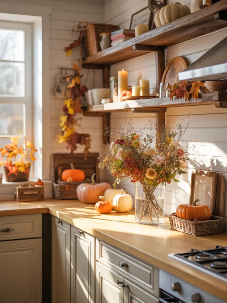 Cozy fall kitchen decorated with pumpkins, candles, autumn leaves, and a floral arrangement on wooden countertops and shelves.