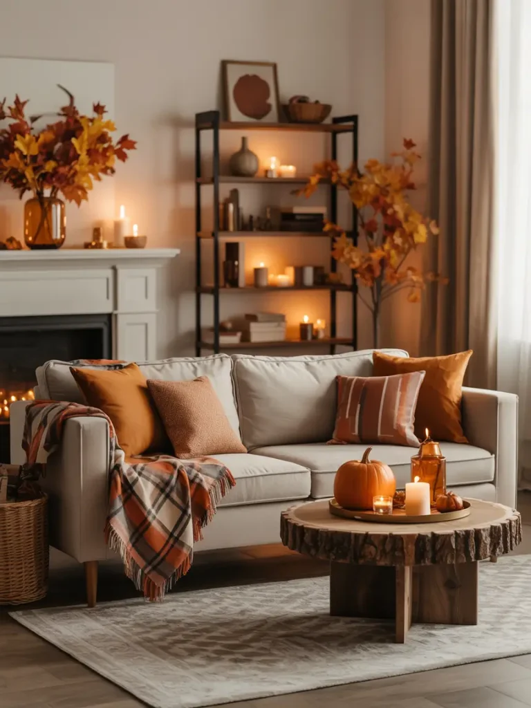 Cozy fall living room with beige sofa, plaid throw blanket, orange pillows, pumpkins, and warm candlelight decor.