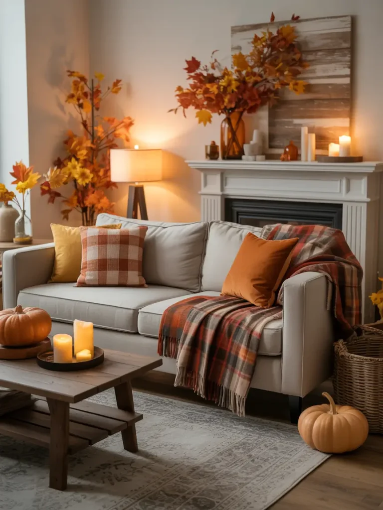 Fall living room decorated with pumpkins, plaid pillows, autumn leaves, candles, and cozy throw blanket.