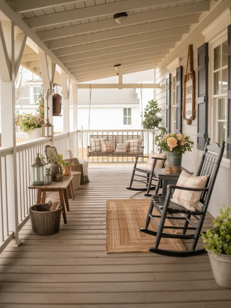Farmhouse front porch with rocking chairs, swing, and rustic decor accents.