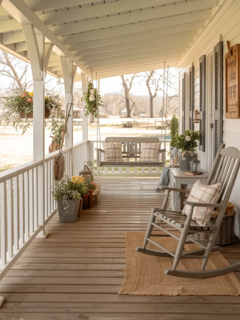 Cozy farmhouse front porch with rocking chair, swing, and rustic decor.