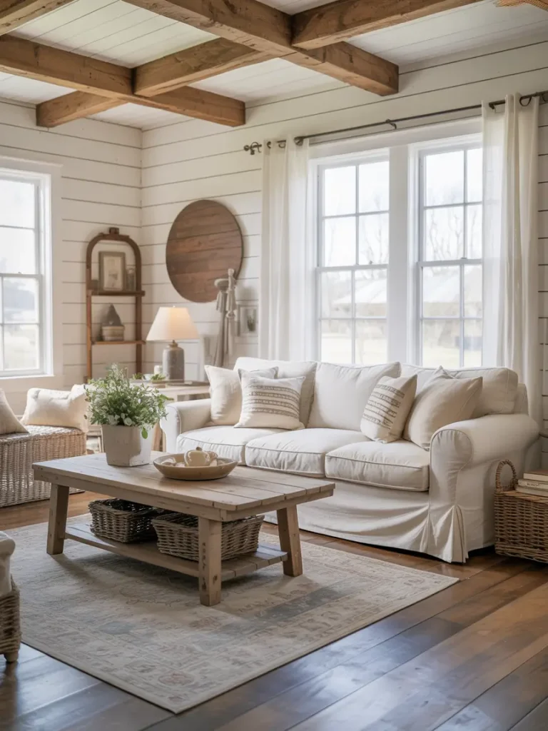 Cozy farmhouse living room with white slipcovered sofa, rustic wood beams, and neutral decor.