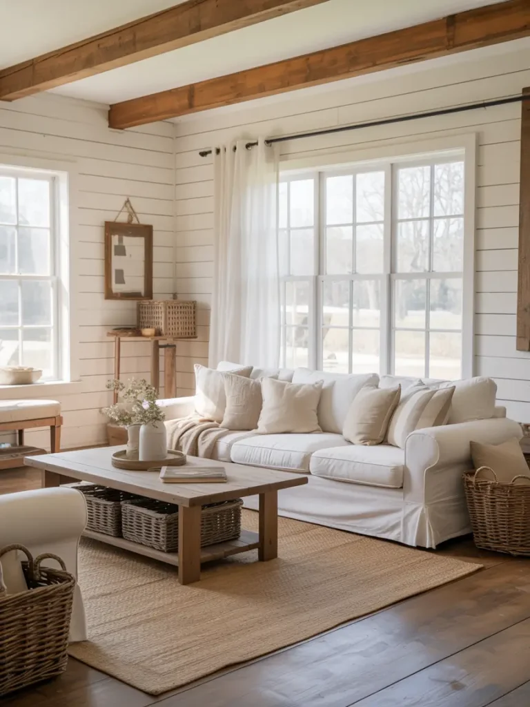 Farmhouse living room with a white slipcovered sofa, neutral pillows, rustic wooden coffee table, woven baskets, and shiplap walls with exposed ceiling beams.