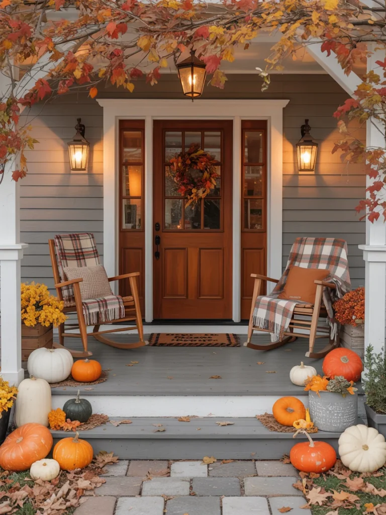Fall-decorated front porch with rocking chairs, plaid blankets, pumpkins, autumn wreath, and colorful foliage.