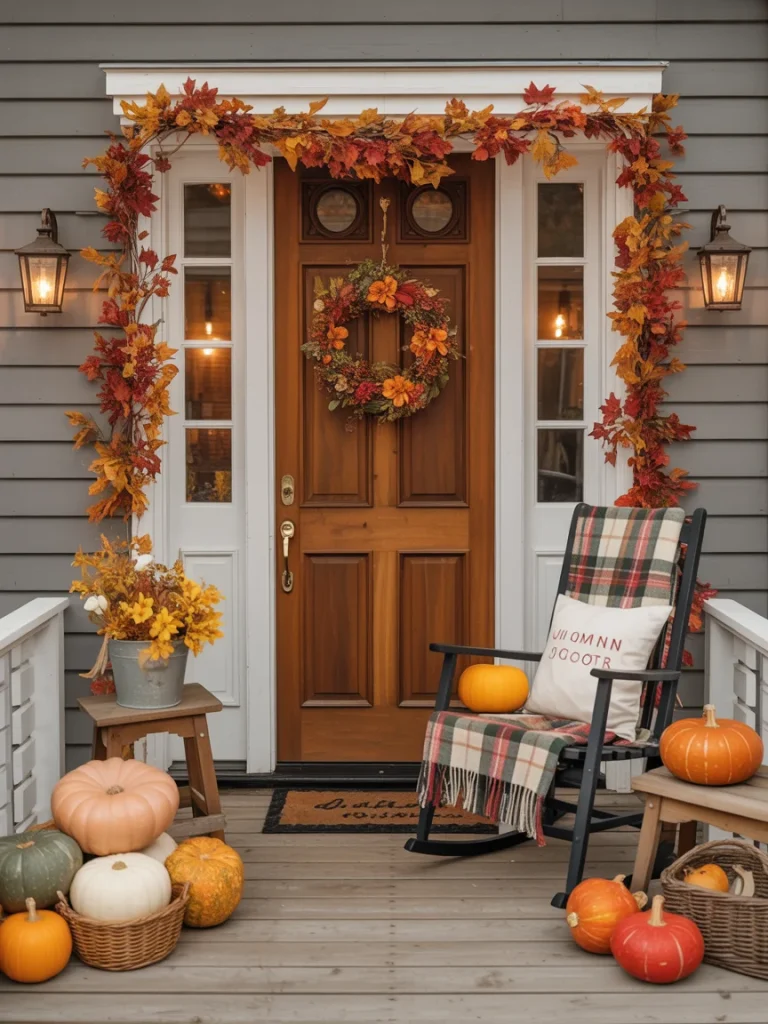 Cozy fall front porch with a wooden door decorated with a wreath, autumn leaf garland, pumpkins, and a rocking chair draped in a plaid blanket.