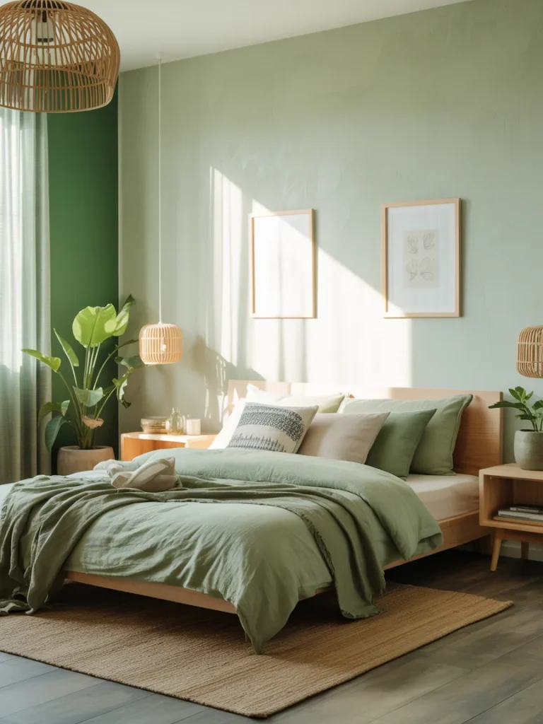 Bright green bedroom with wooden bed frame, layered bedding, and natural accents.