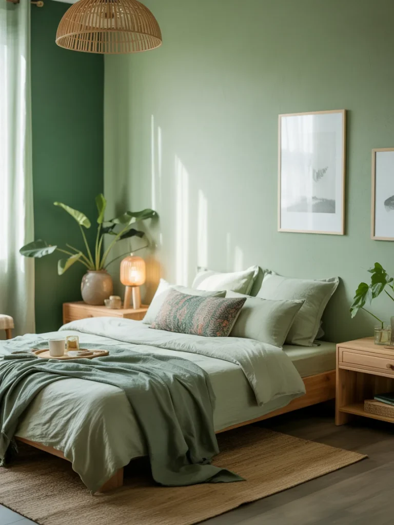 Cozy green bedroom with wooden furniture, soft bedding, and natural accents.