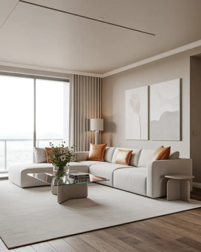 Modern interior design living room with neutral tones, white sectional sofa, leather throw pillows, and minimalist decor.