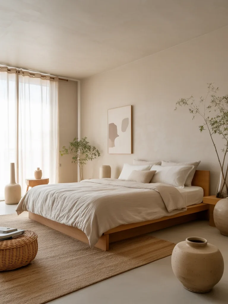 Japandi bedroom with low wooden bed, neutral bedding, woven accents, and minimalist decor.