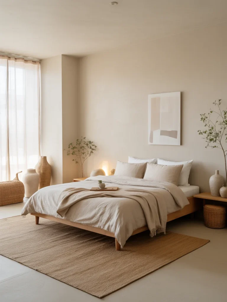 Minimalist Japandi bedroom with neutral tones, natural wood furniture, soft bedding, and simple decor accents.