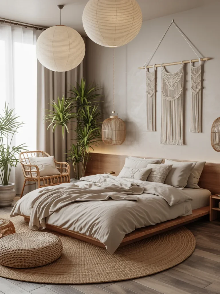 Japandi boho bedroom with low wooden bed, macramé wall art, rattan chair, and neutral earthy decor.