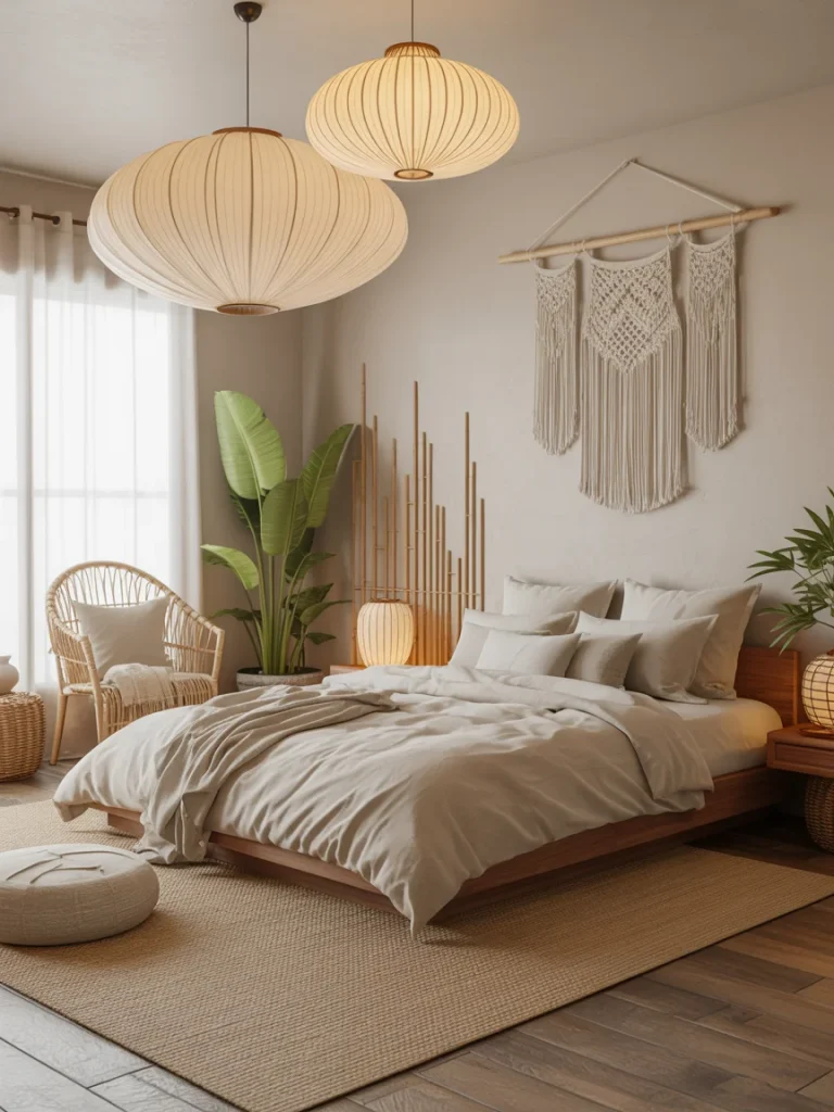 Minimalist Japanese boho bedroom with low wooden bed, rattan chair, macramé wall hanging, and soft neutral tones.