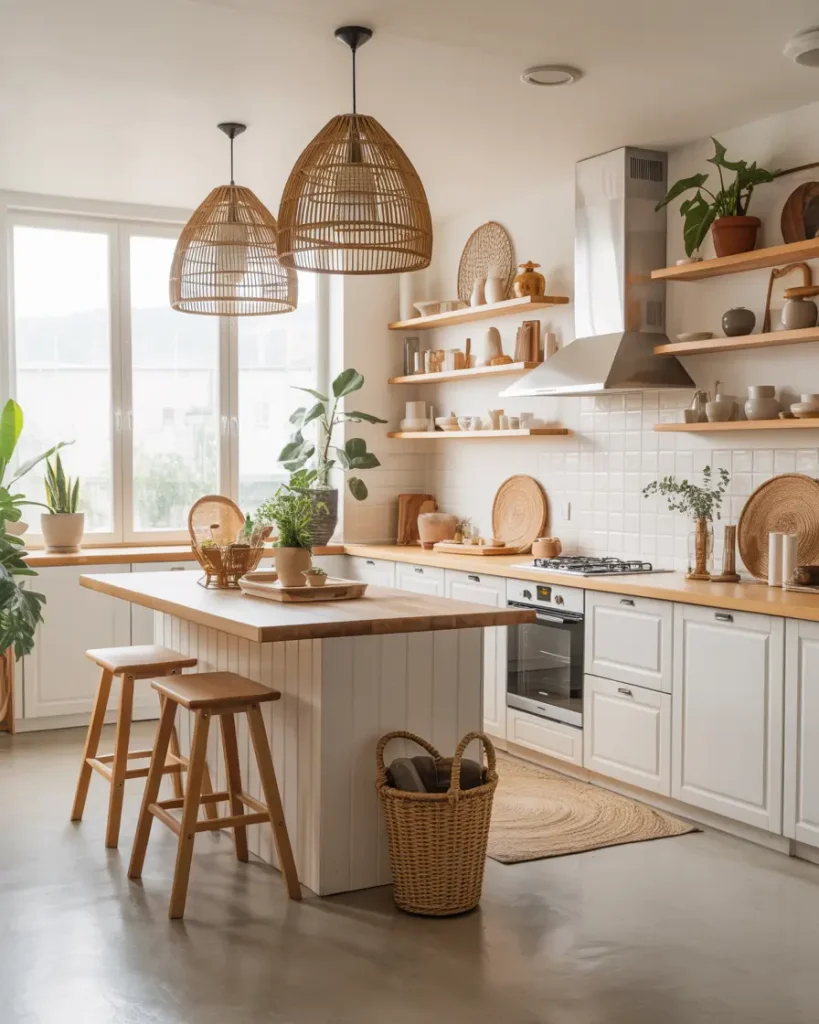 Bright and airy modern kitchen with natural wood accents, white cabinets, open shelves, and woven pendant lights above a wooden island.