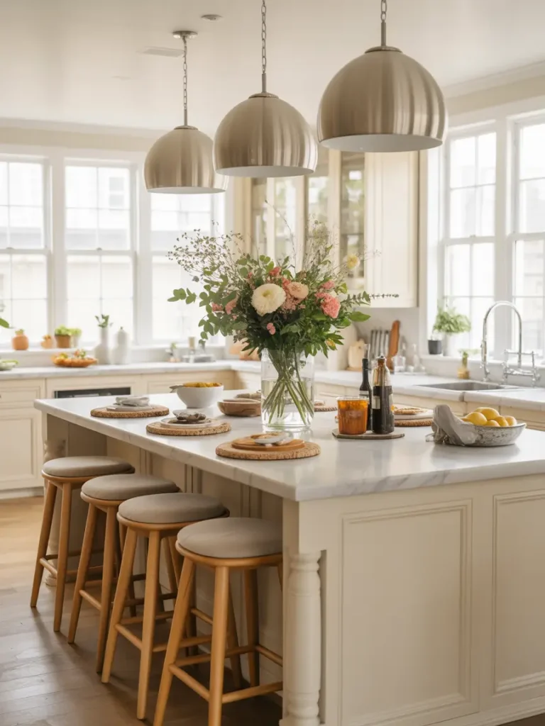 Elegant kitchen island decor with fresh flowers, wooden stools, and modern pendant lights.