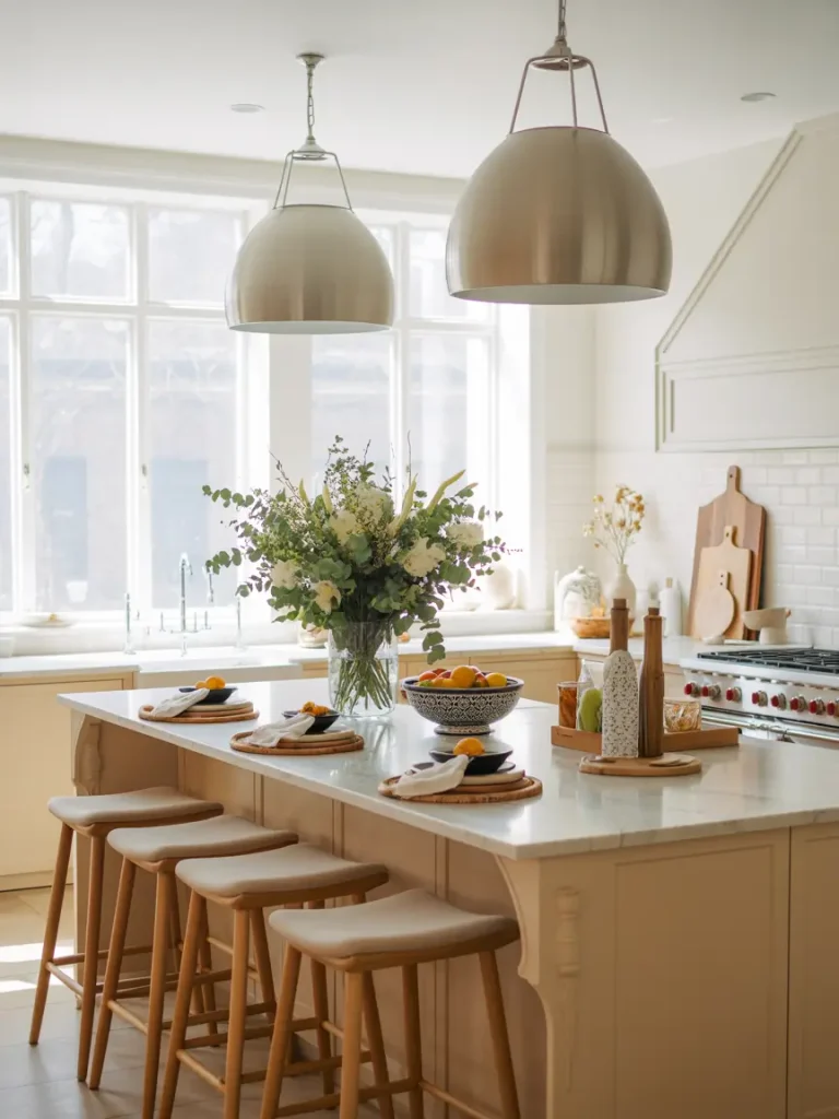 Bright kitchen with decorated island featuring wooden stools, fresh flowers, and fruit bowls.