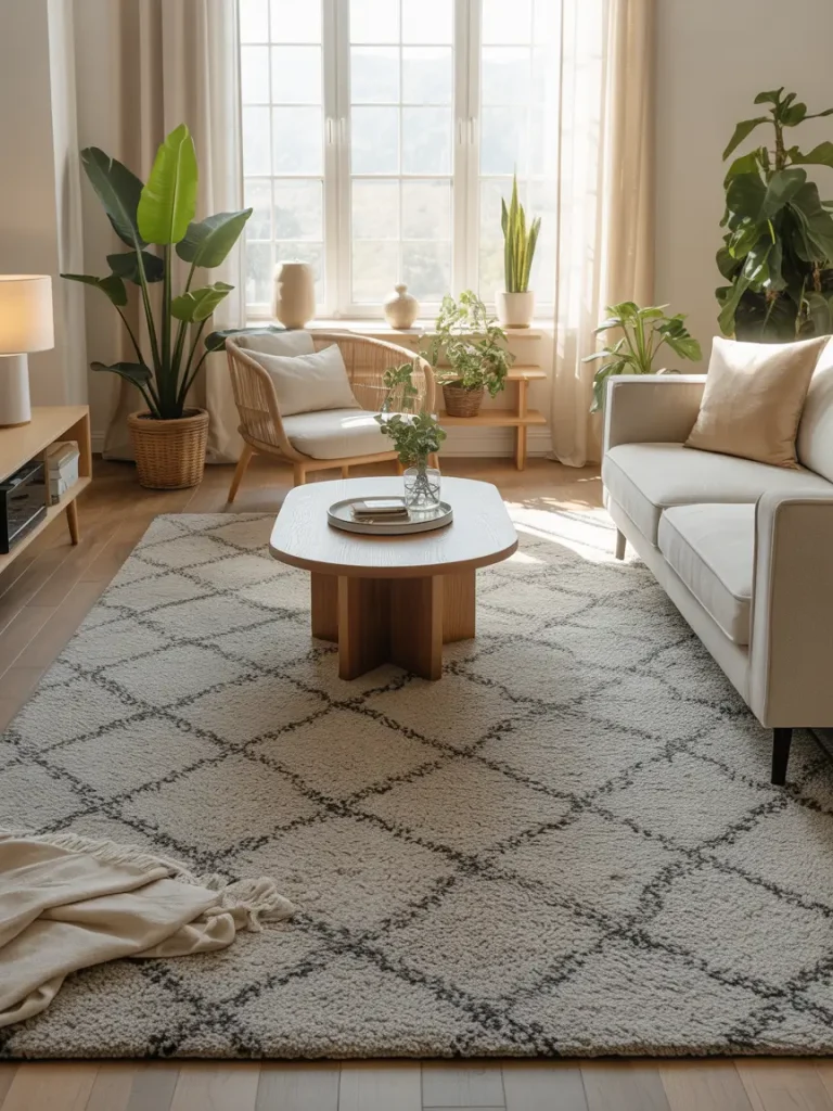 This inviting living room showcases a modern and cozy carpet idea featuring a plush patterned rug with a diamond design. The soft texture of the carpet enhances comfort while complementing neutral furniture, including a beige sofa, wicker coffee table, and wooden accent chair. Large windows allow natural light to brighten the space, creating a warm and stylish atmosphere perfect for relaxation.