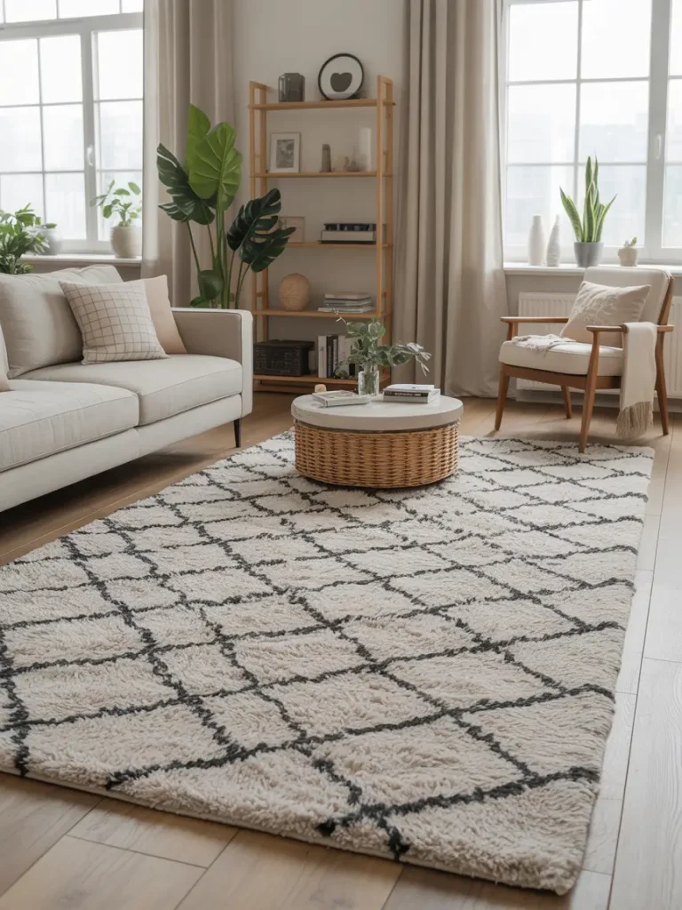 Cozy living room with a beige sofa, patterned rug, round wicker coffee table, and wooden accent chair near tall windows.