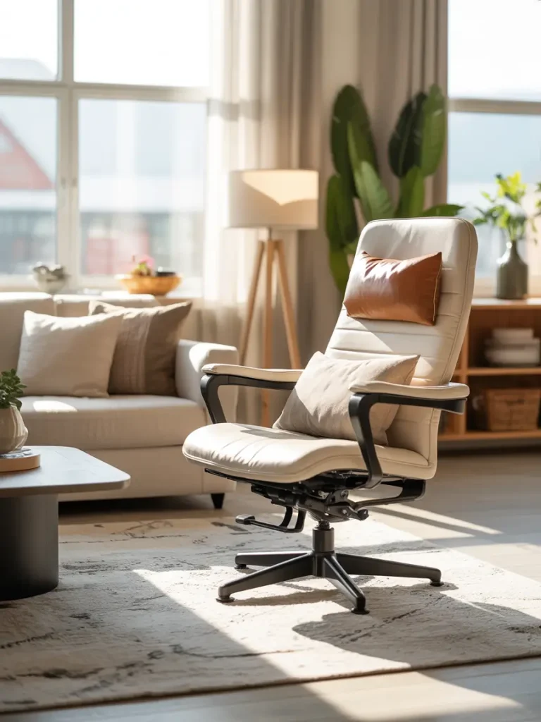 Modern ergonomic living room chair with lumbar support pillow, designed for back pain relief, placed in a bright, cozy living space.