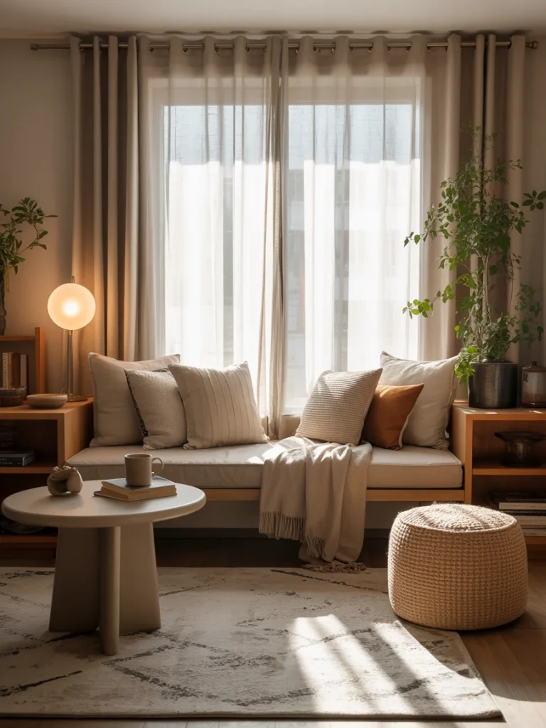 Bright living room nook with window bench seating, cozy pillows, and neutral décor.
