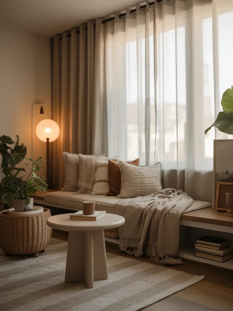 Cozy living room nook with built-in bench seating, soft pillows, and a neutral throw blanket by the window.