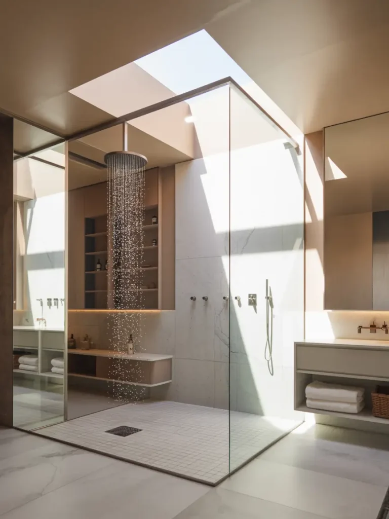 Modern luxury shower with glass walls, overhead rain shower, and natural light from a ceiling skylight.