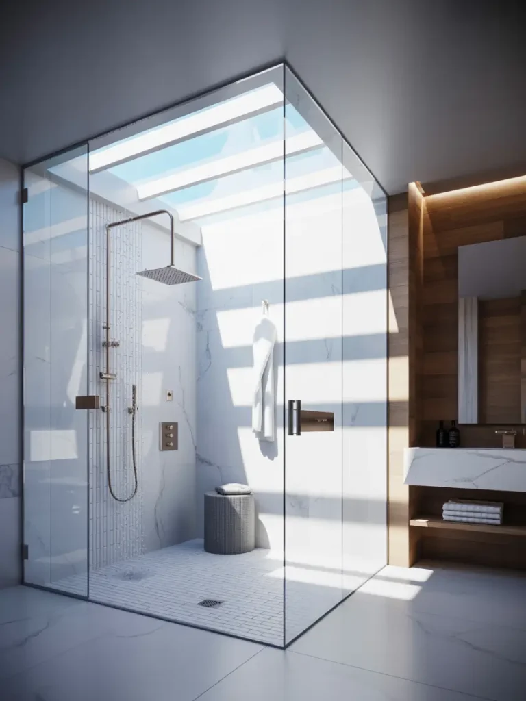 Modern shower with glass enclosure, rainfall showerhead, and skylight design.