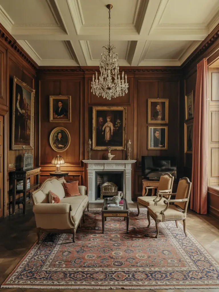 Elegant old money home decor living room with wood-paneled walls, ornate chandelier, vintage portraits, antique fireplace, and a Persian rug.