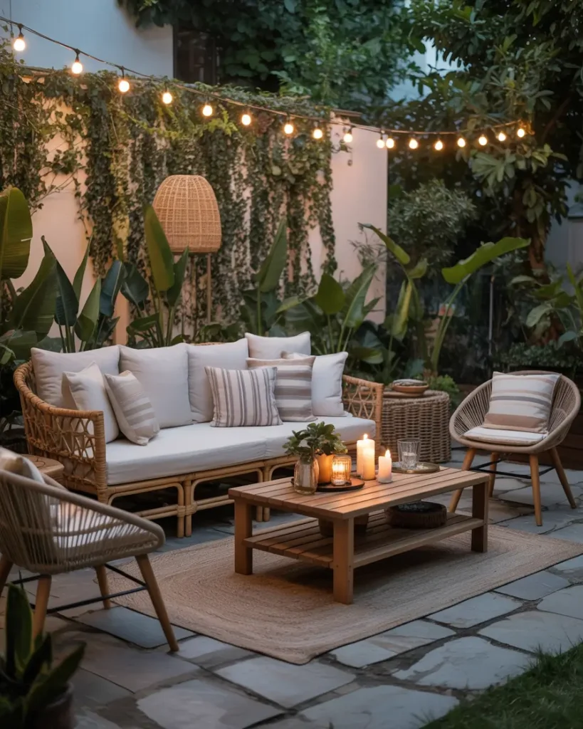 Cozy outdoor patio with rattan furniture, wooden coffee table, and warm string lights.