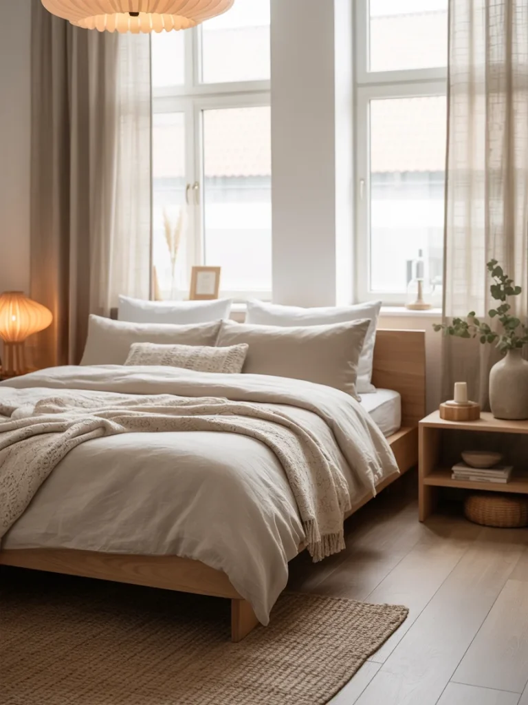 Cozy Scandinavian bedroom with light wood bed, neutral bedding, layered textures, and soft natural light.