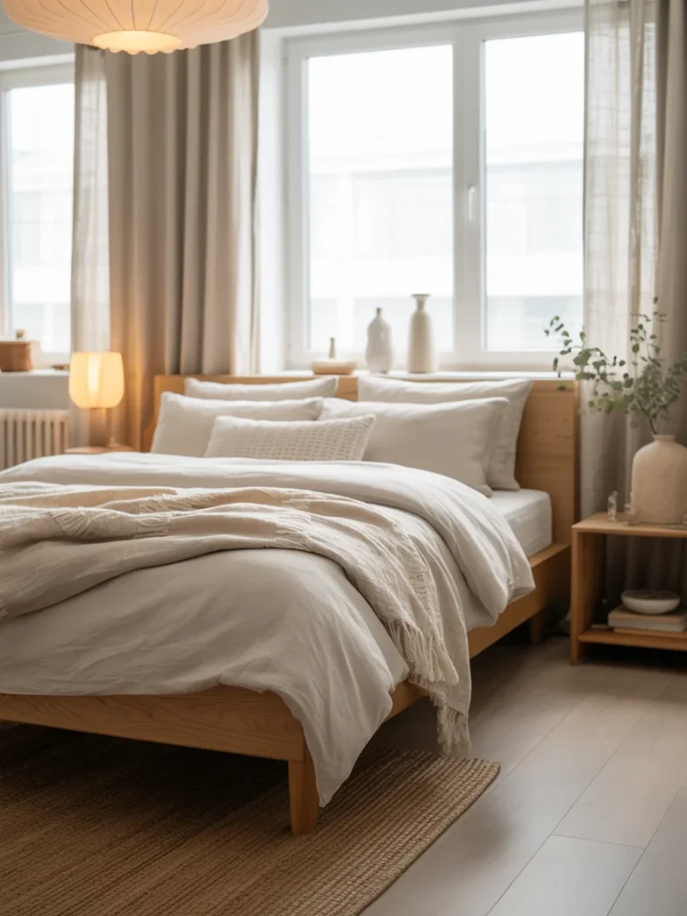 Minimalist Scandinavian bedroom with light wood furniture, neutral bedding, natural textiles, and soft lighting.