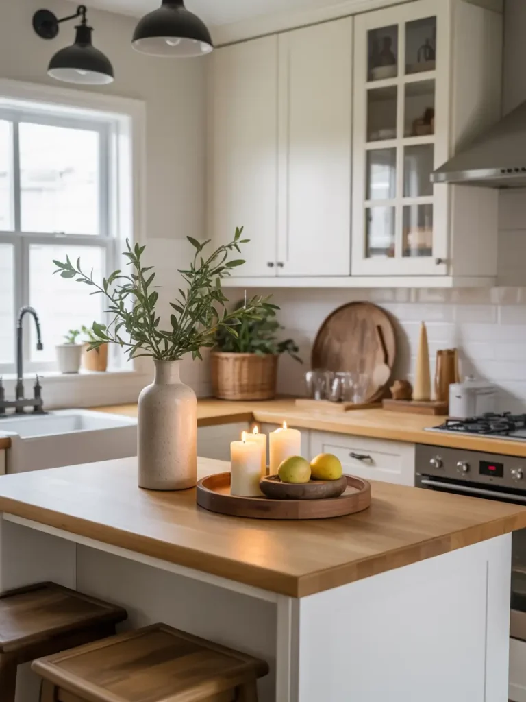 Small kitchen island decorated with candles, fruit, and a ceramic vase.