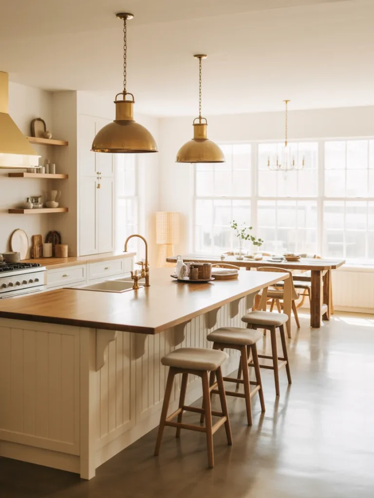 Warm white kitchen with wood countertops, brass pendant lights, and natural wood seating.