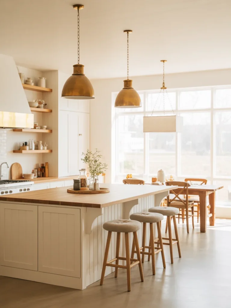 Bright white kitchen with wood countertops, natural wood stools, and brass pendant lighting.