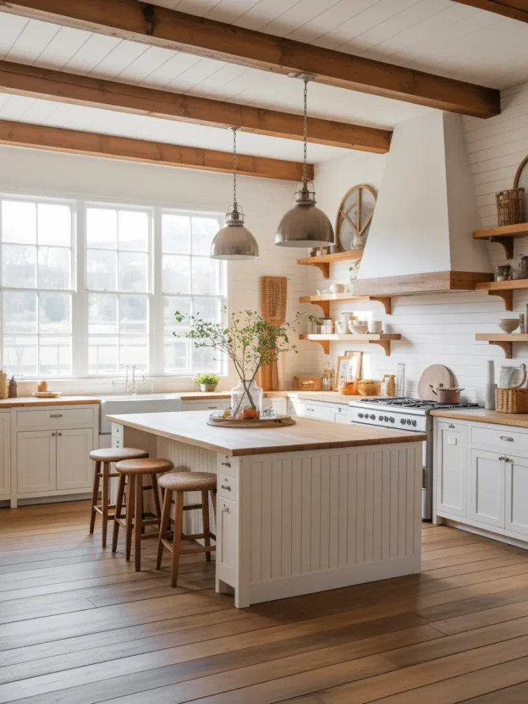 White modern farmhouse kitchen with wooden beams, large island, and open shelving.