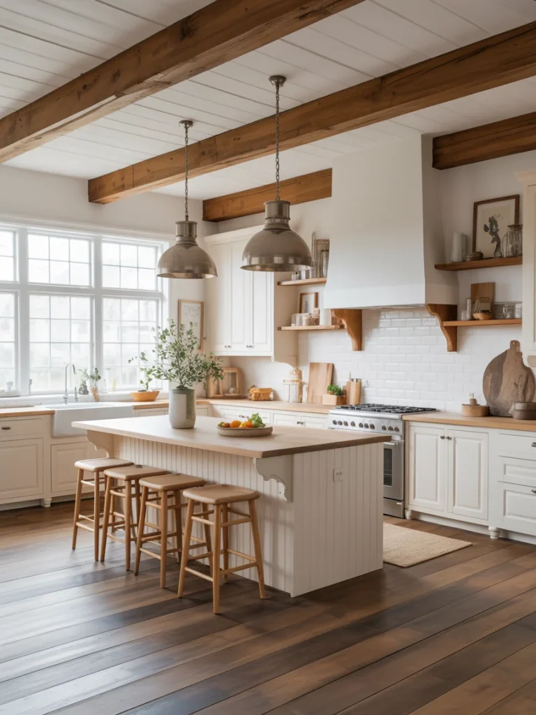 Bright white modern farmhouse kitchen with wooden beams, island seating, and pendant lighting.