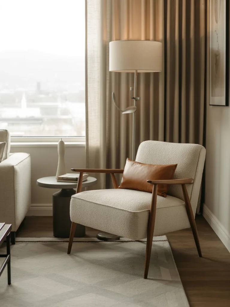 Stylish living room corner with a modern accent chair, warm lighting, and minimalist decor adding character to the space.