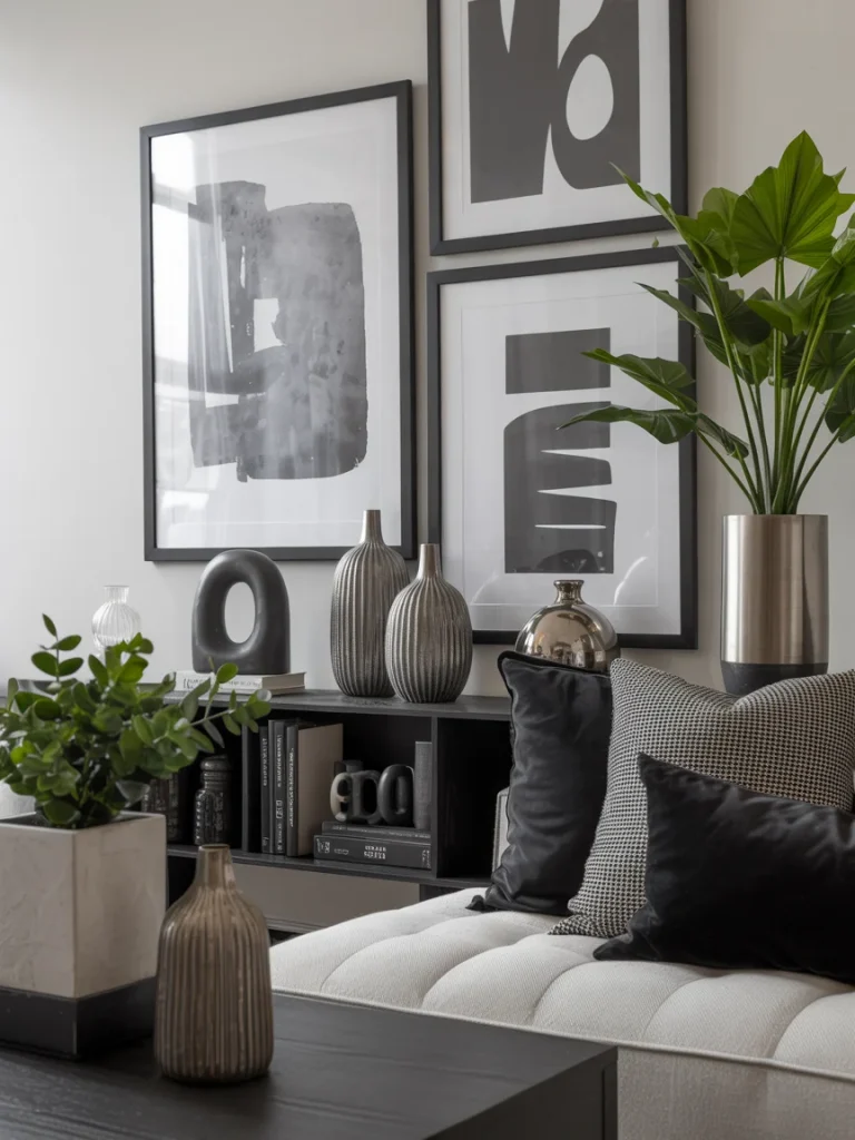 Modern living room with black and grey decor accents, abstract wall art, and green indoor plants.