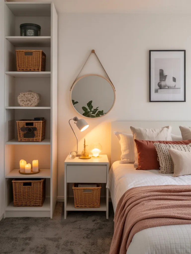 Cozy bedroom with warm lighting, rattan baskets, and soft cushions showcasing stylish accessories that complete the room’s decor.