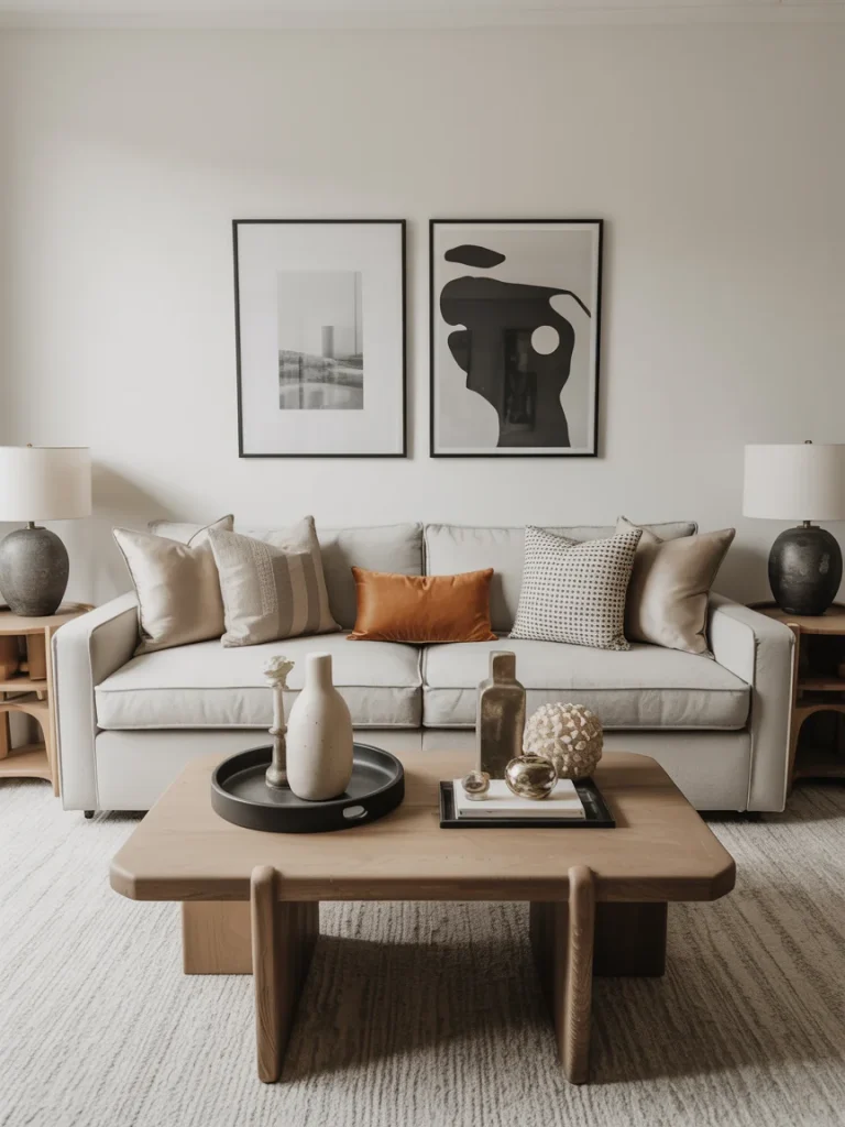 Modern living room with neutral decor, abstract wall art, and balanced accessories on a wooden coffee table.