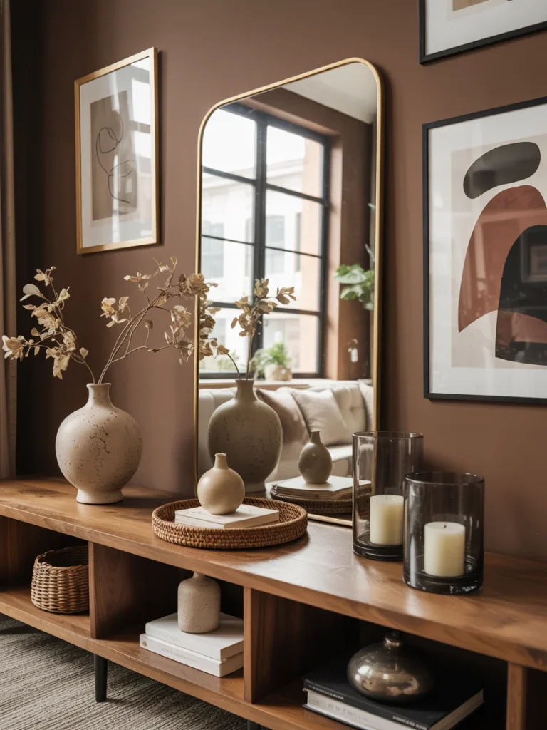 Modern brown living room wall with framed art, decorative vases, candles, and a gold-framed mirror on a wooden console table.